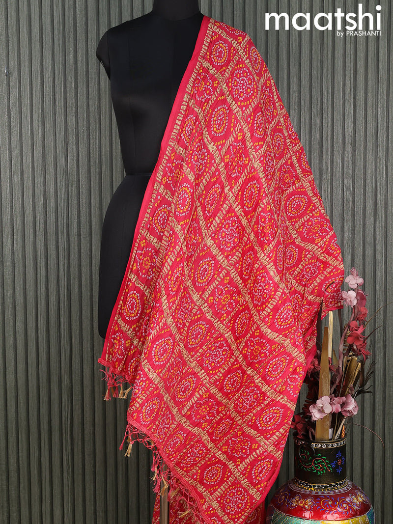 Semi raw silk dupatta peach pink and  with allover bandhini prints