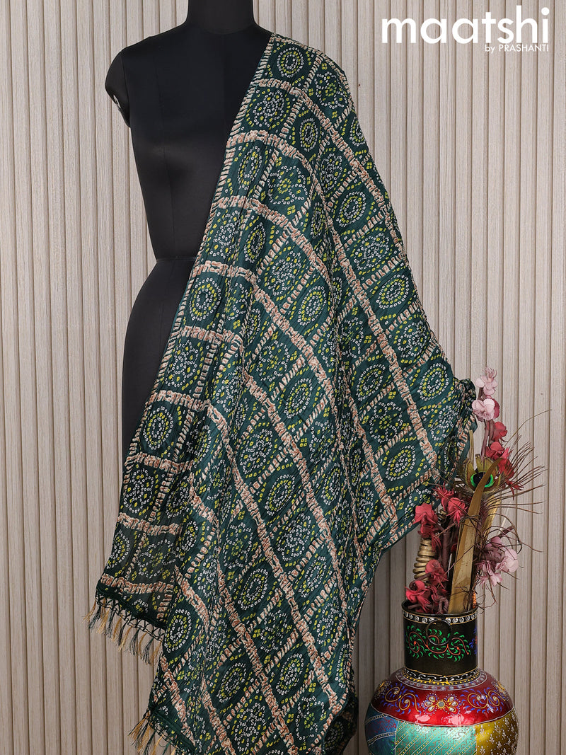 Semi raw silk dupatta peacock green and  with allover bandhini prints