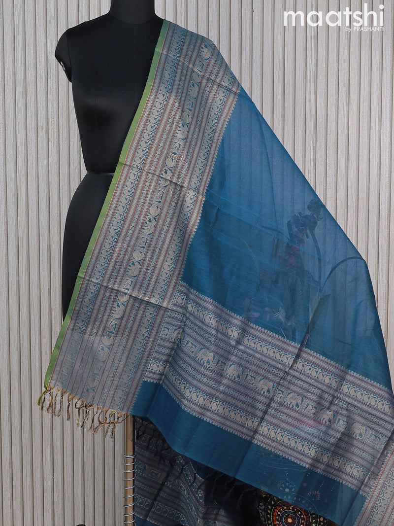 Kanchi cotton dupatta cs blue  and light green with plain body and long thread woven border