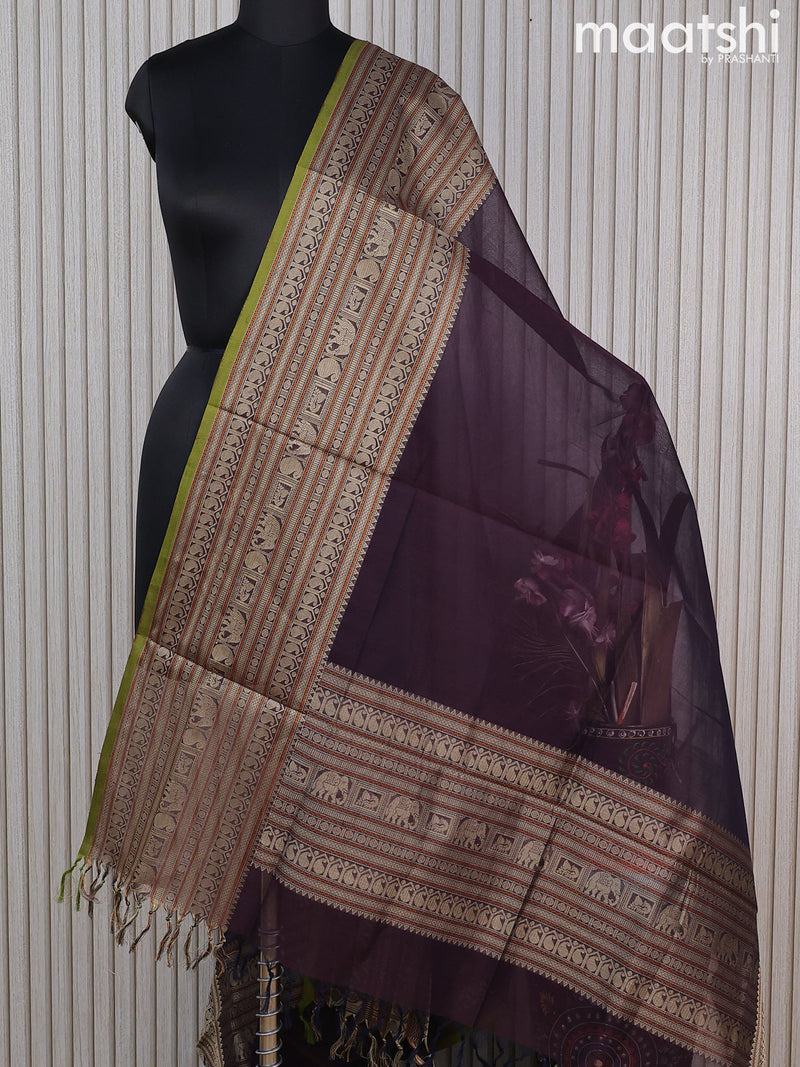 Kanchi cotton dupatta wine shade and light green with plain body and long thread woven border