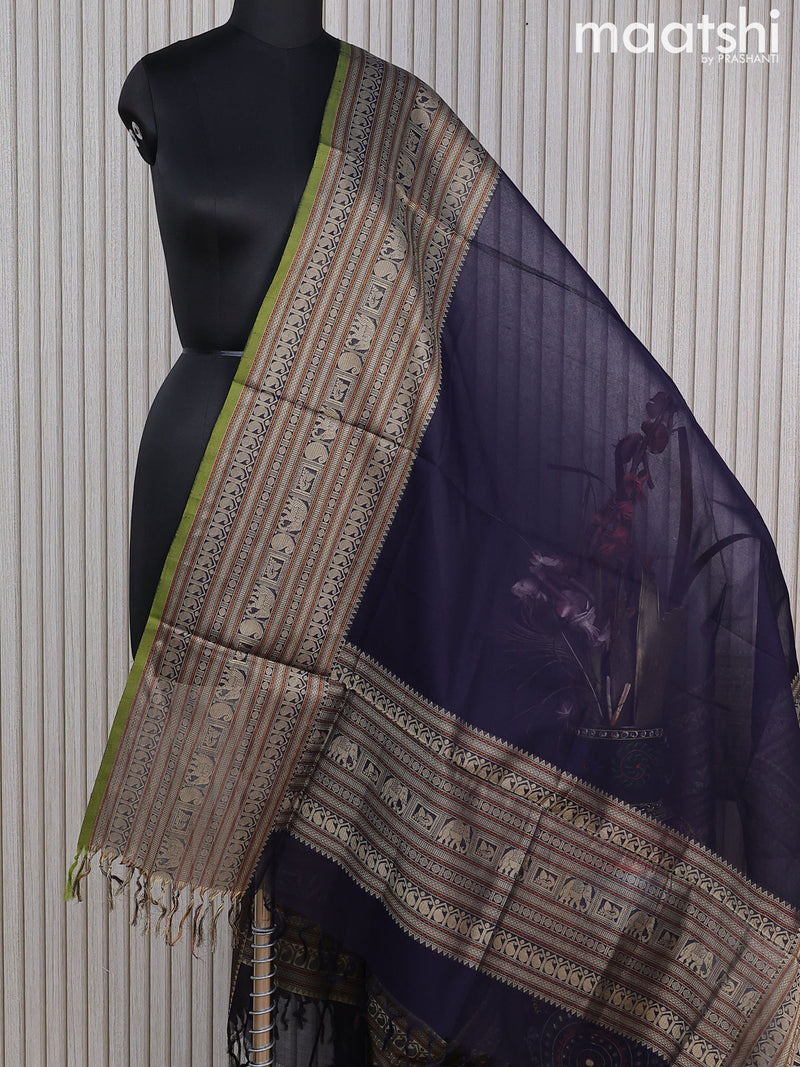 Kanchi cotton dupatta navy blue and light green with plain body and long thread woven border