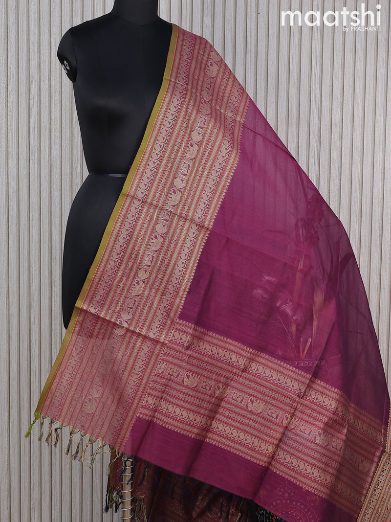 Kanchi cotton dupatta magenta pink and light green with plain body and long thread woven border