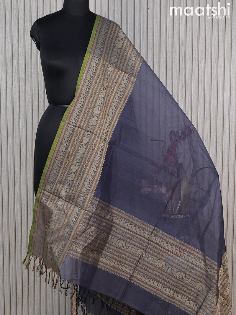 Kanchi cotton dupatta grey and light green with plain body and long thread woven border