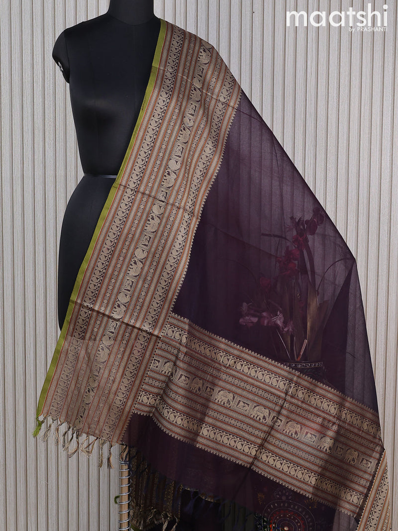 Kanchi cotton dupatta deep jamun and light green with plain body and long thread woven border