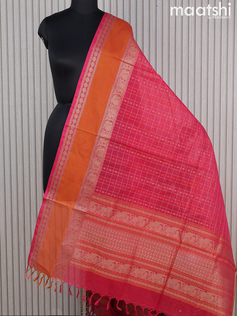 Kanchi cotton dupatta pink and mustard yellow with allover thread checks & buttas and rettapet thread woven border
