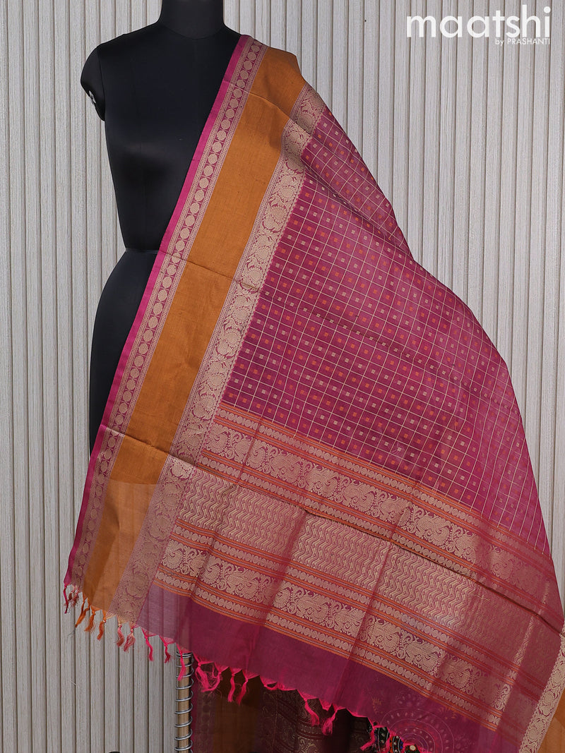 Kanchi cotton dupatta magenta pink and mustard yellow with allover thread checks & buttas and rettapet thread woven border