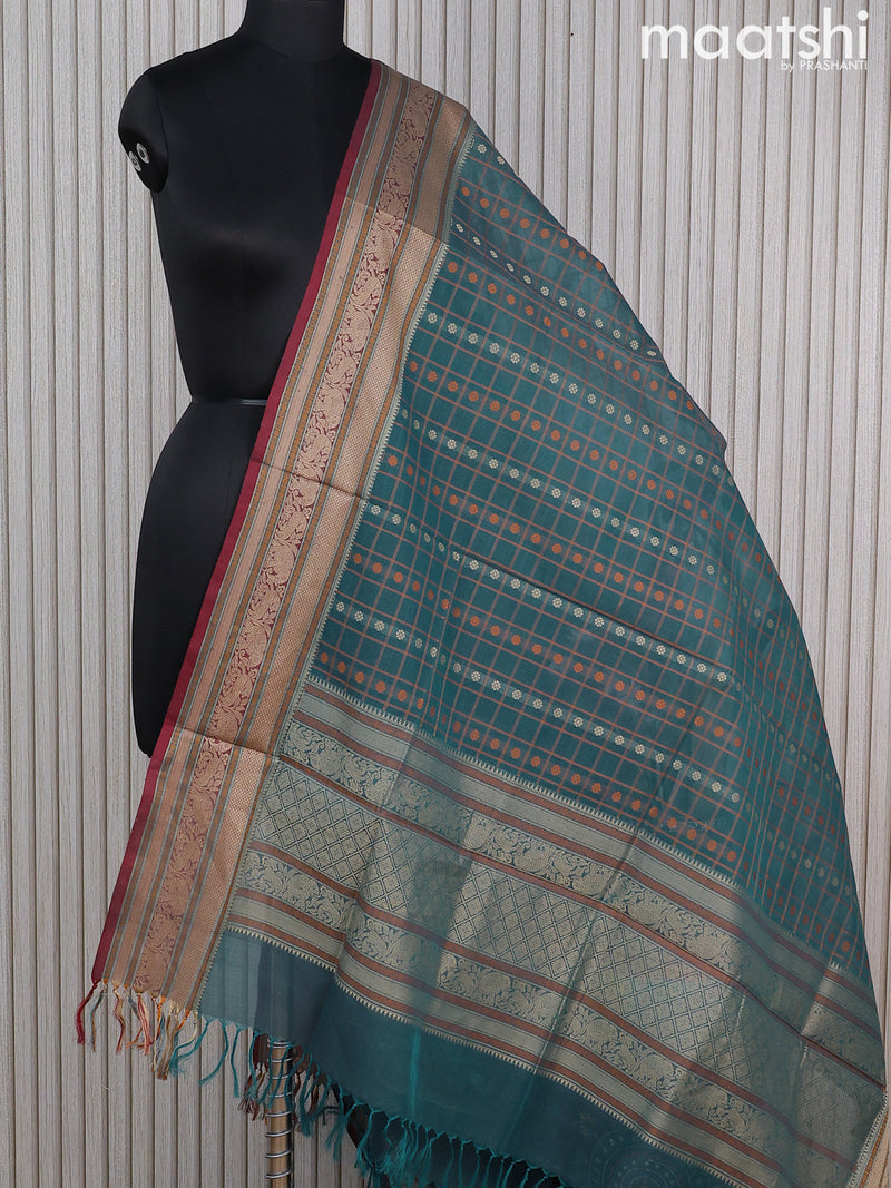 Kanchi cotton dupatta blue and maroon with allover thread checks & buttas and thread woven border