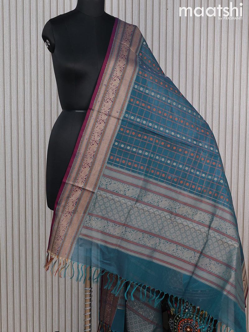 Kanchi cotton dupatta cs blue  and maroon with allover thread checks & buttas and thread woven border