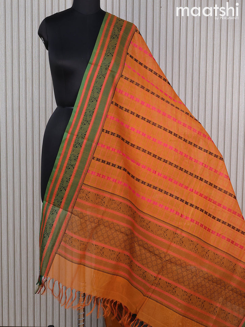 Kanchi cotton dupatta dark mustard and green with allover thread checks & buttas and thread woven border