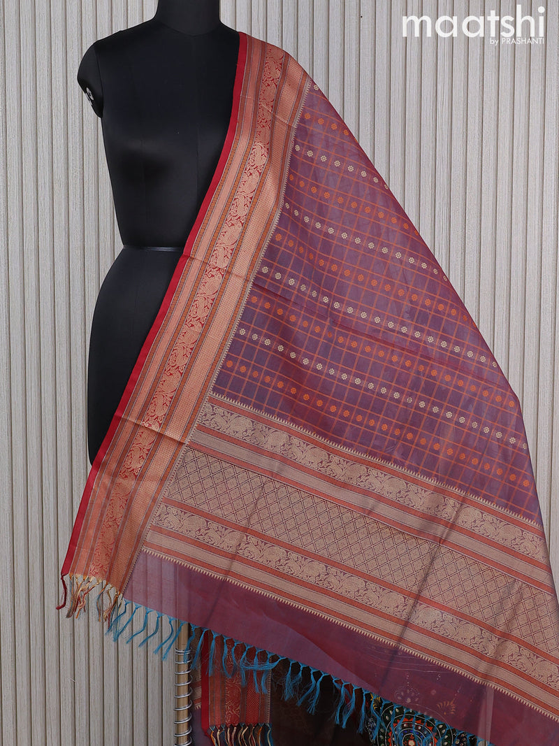 Kanchi cotton dupatta dual shade of reddish blue and red with allover thread checks & buttas and thread woven border