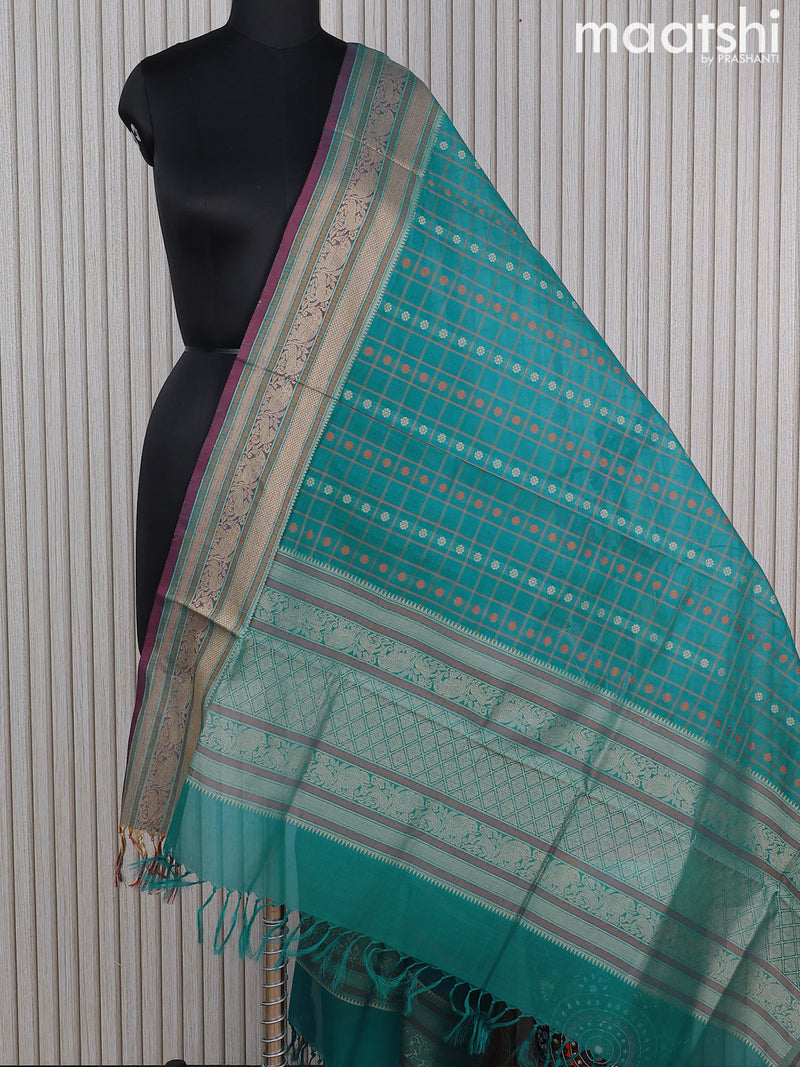 Kanchi cotton dupatta teal blue shade and maroon with allover thread checks & buttas and thread woven border