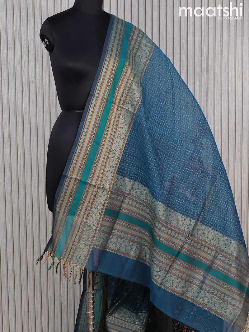 Kanchi cotton dupatta peacock blue and green with allover checks & buttas and long thread woven border