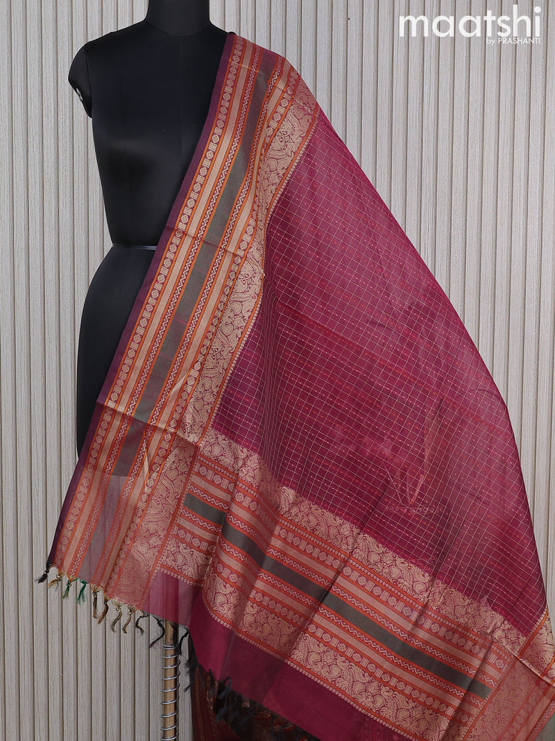 Kanchi cotton dupatta magenta pink and green with allover checks & buttas and long thread woven border