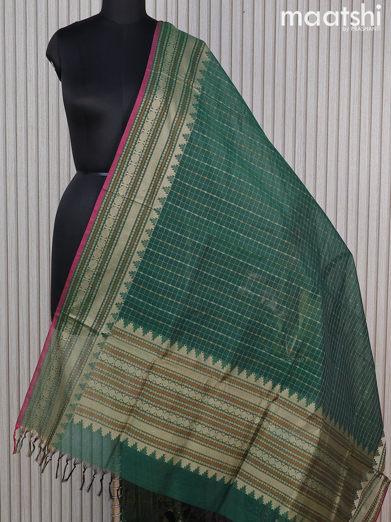 Kanchi cotton dupatta green and pink with allover checked pattern and temple design thread woven border
