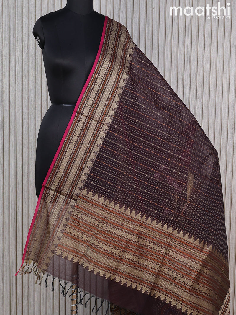 Kanchi cotton dupatta coffee brown and pink with allover checked pattern and temple design thread woven border