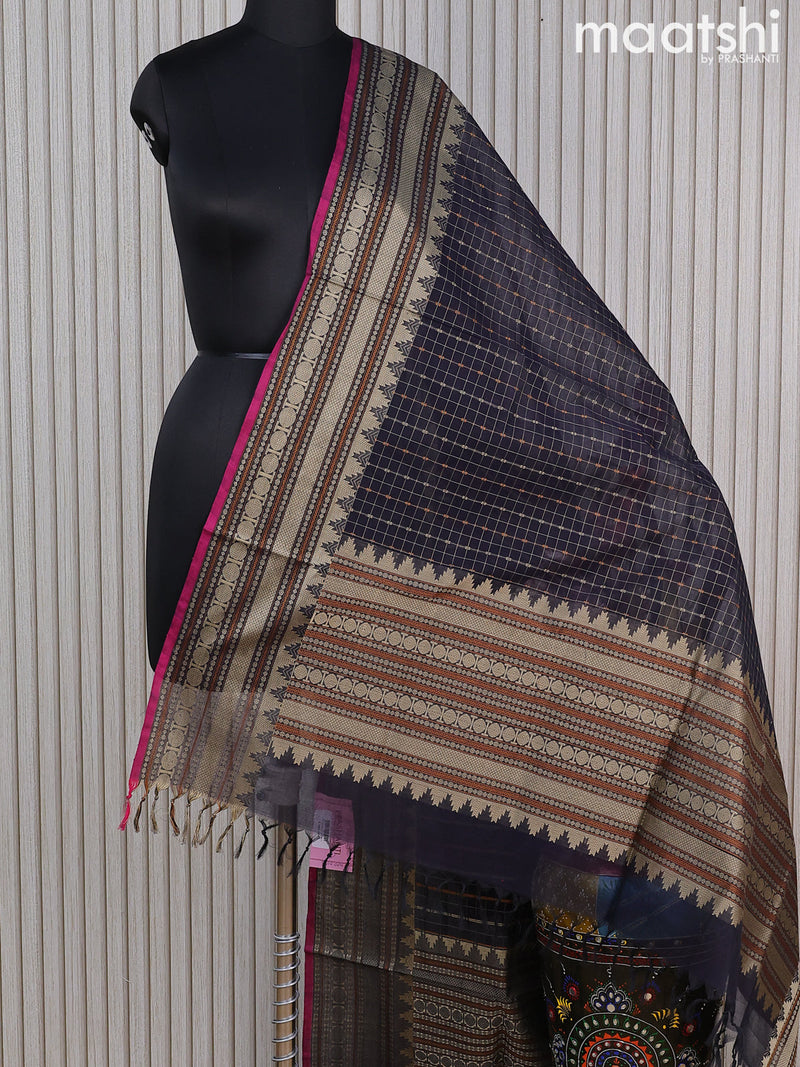 Kanchi cotton dupatta dark navy blue and pink with allover checked pattern and temple design thread woven border