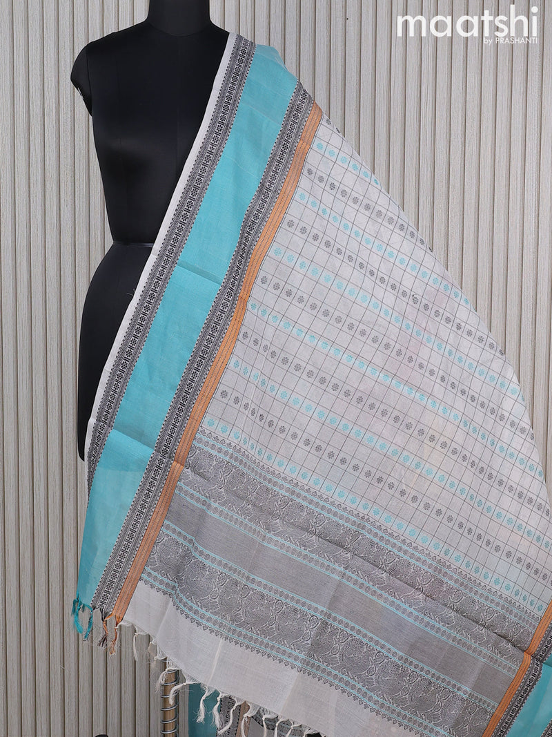 Kanchi cotton dupatta off white and teal blue with allover checks & buttas and rettapet thread woven border