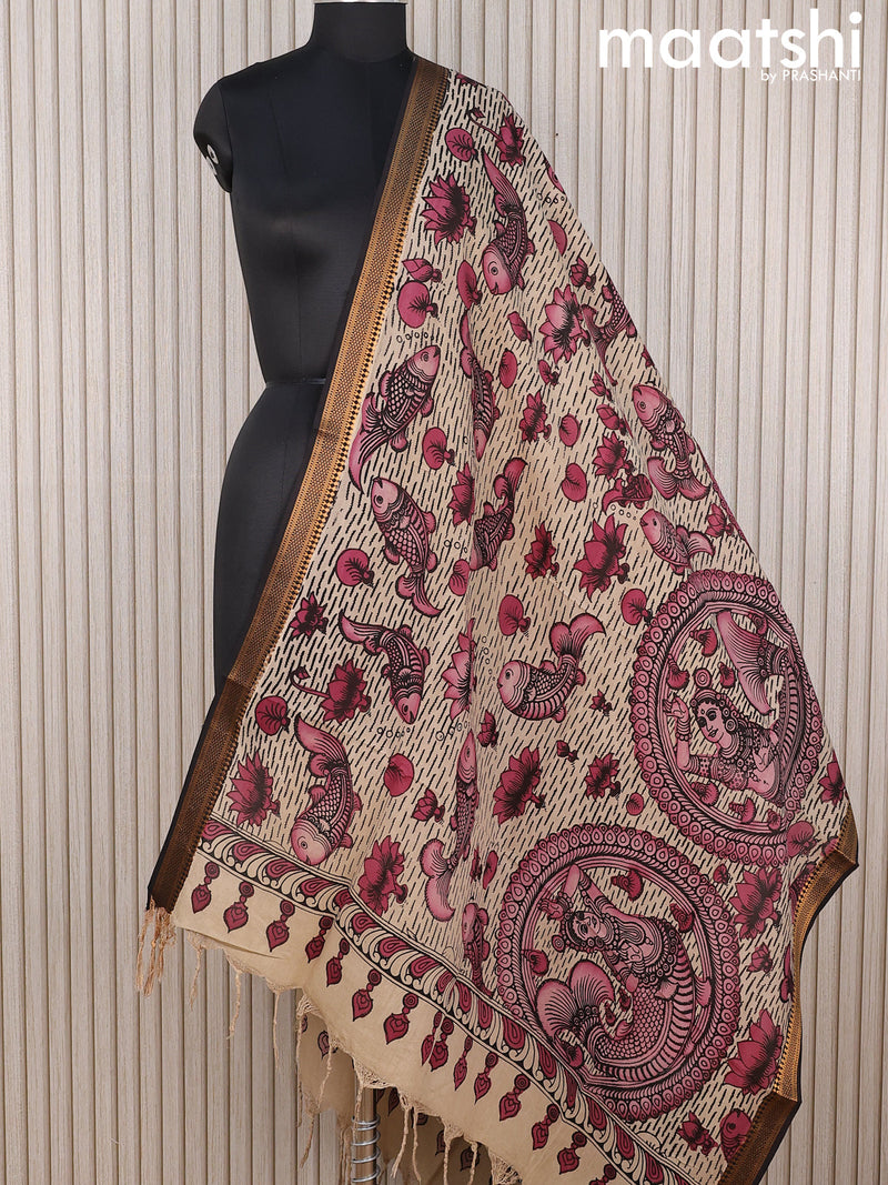 Mangalgiri silk dupatta beige and black with allover pen kalamkari prints and zari woven border