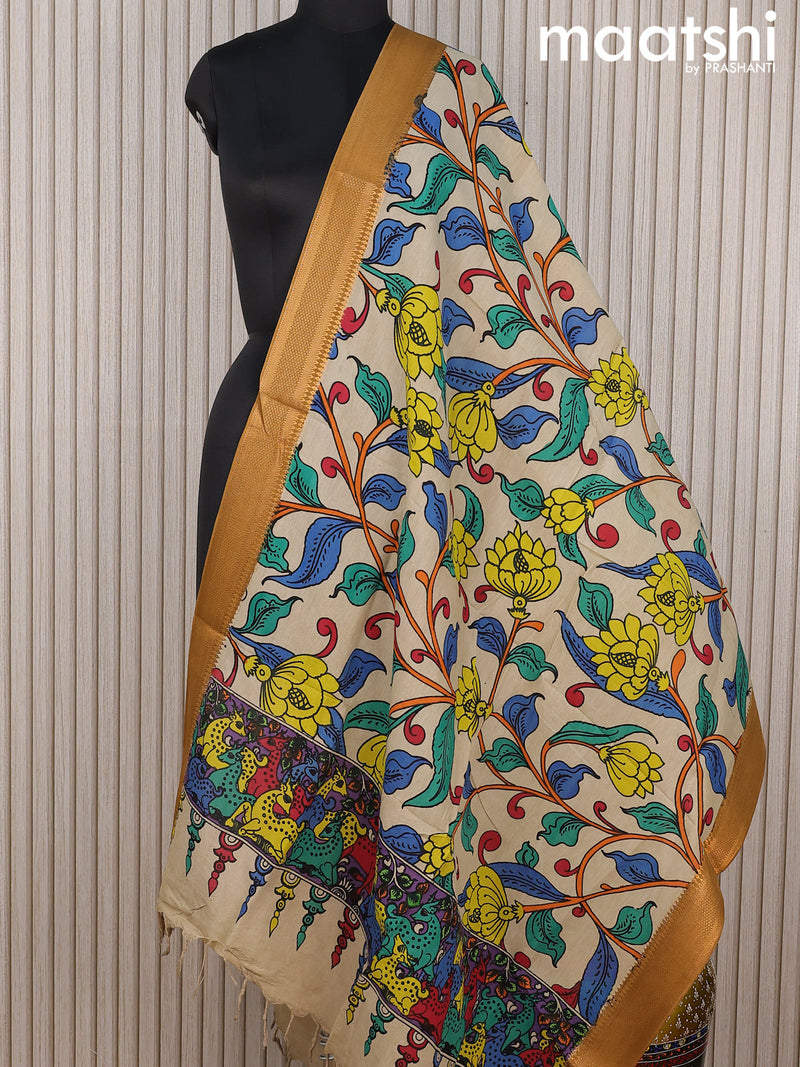 Mangalgiri silk dupatta beige and brown with allover pen kalamkari prints and zari woven border