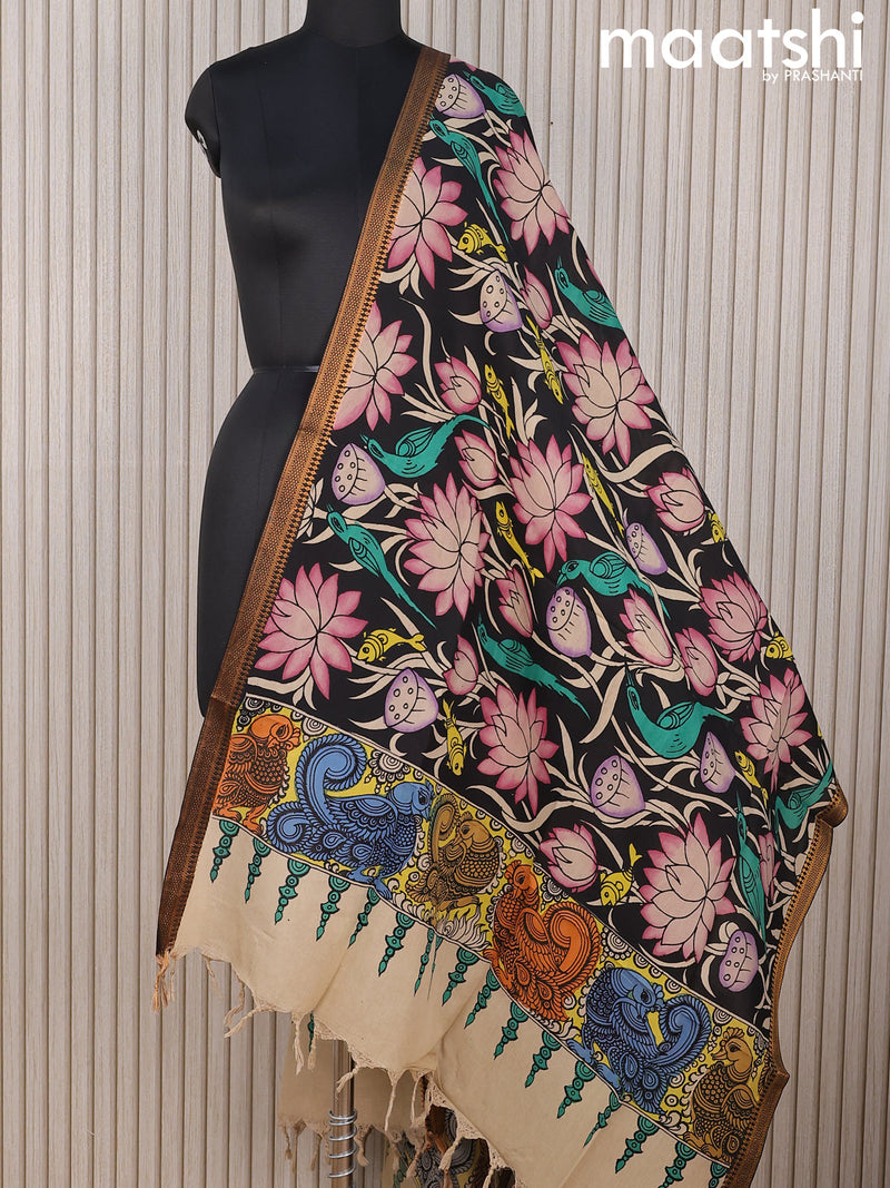 Mangalgiri silk dupatta black and  with allover pen kalamkari prints and zari woven border