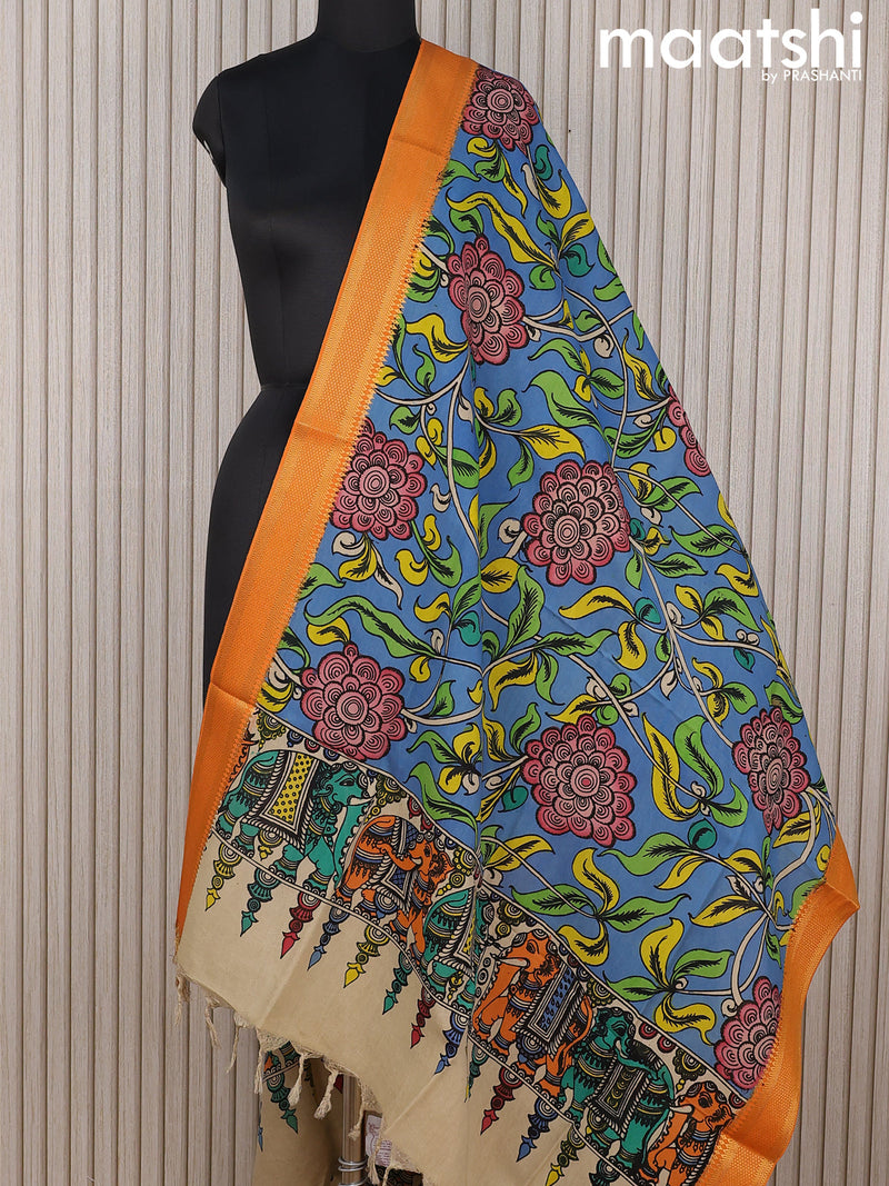 Mangalgiri silk dupatta blue and orange with allover pen kalamkari prints and zari woven border