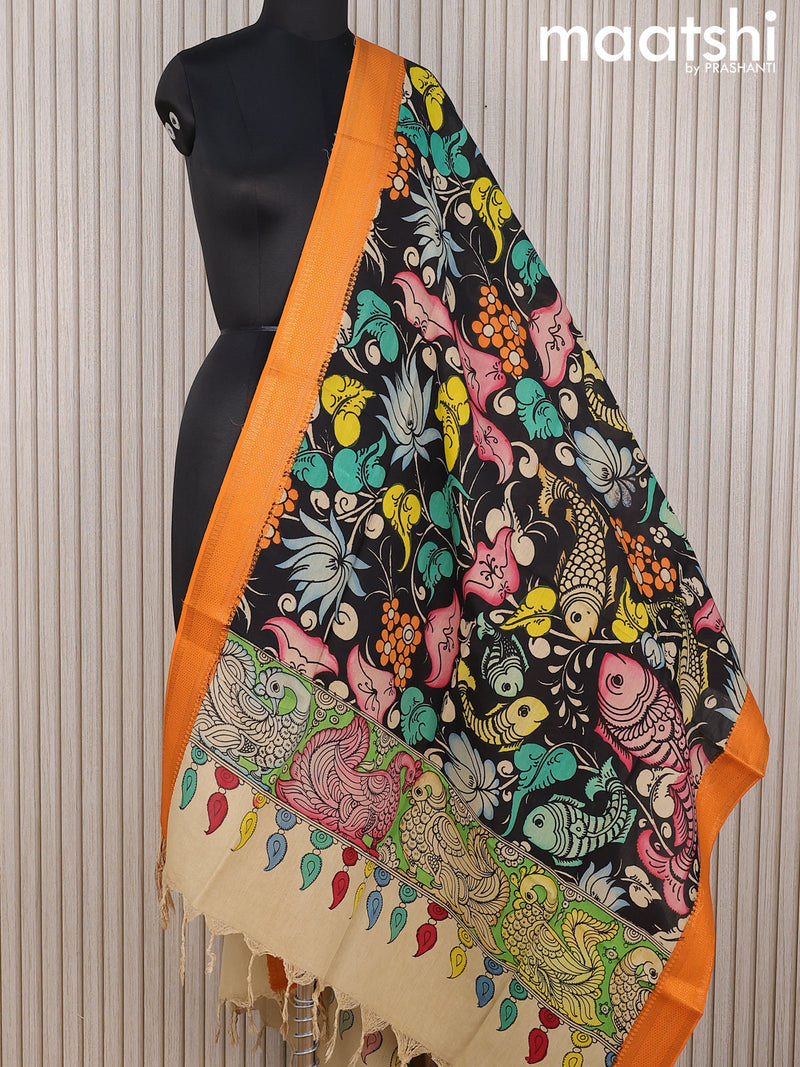 Mangalgiri silk dupatta black and orange with allover pen kalamkari prints and zari woven border