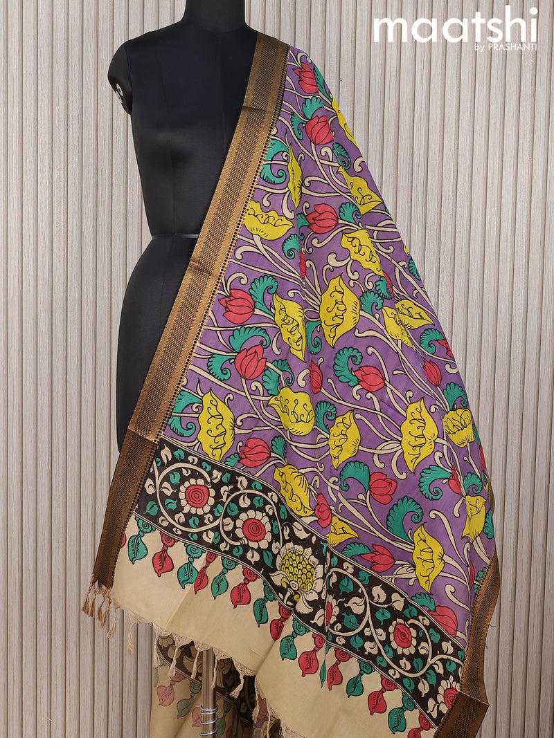 Mangalgiri silk dupatta violet and black with allover pen kalamkari prints and zari woven border