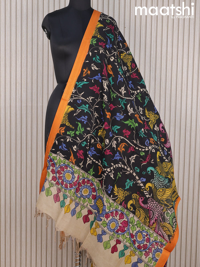 Mangalgiri silk dupatta black and rustic orange with allover pen kalamkari prints and zari woven border