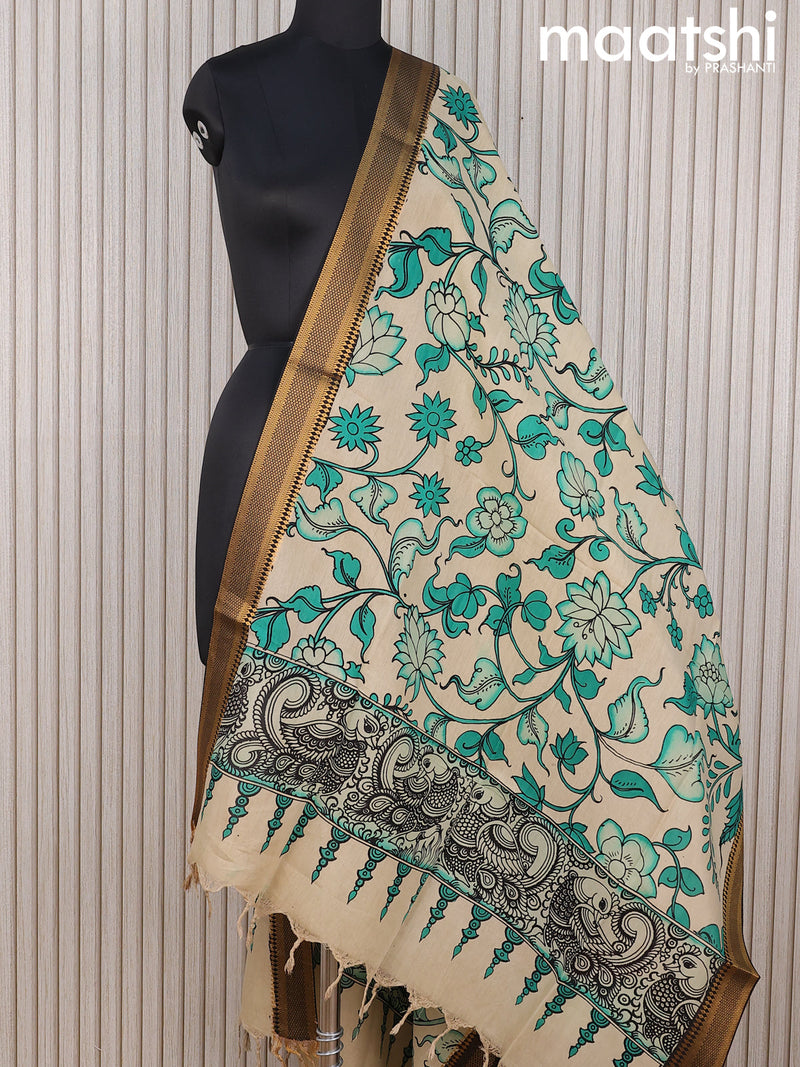 Mangalgiri silk dupatta beige teal green and black with allover pen kalamkari prints and zari woven border