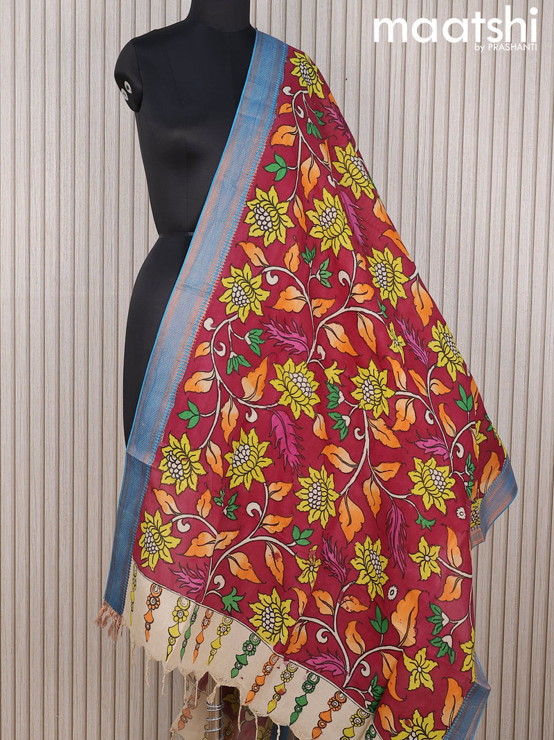Mangalgiri silk dupatta maroon and blue with allover pen kalamkari prints and zari woven border