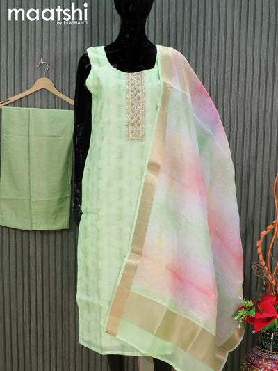 Chanderi readymade salwar suits pista green and pastel green with tie and dye prints & embroidery mirror workneck pattern and straight cut pant & dupatta sleeve attached