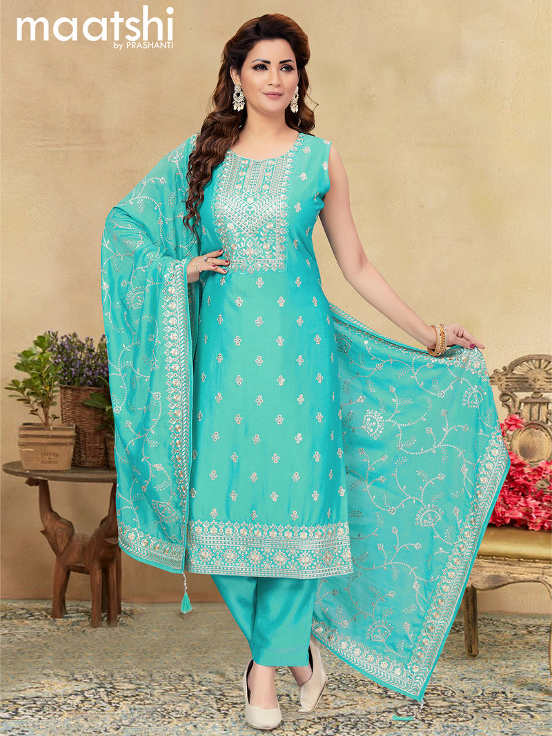 Raw silk readymade salwar suits light blue with allover embroidery & sequin work neck pattern and straight cut pant & sequin work dupatta sleeve attached