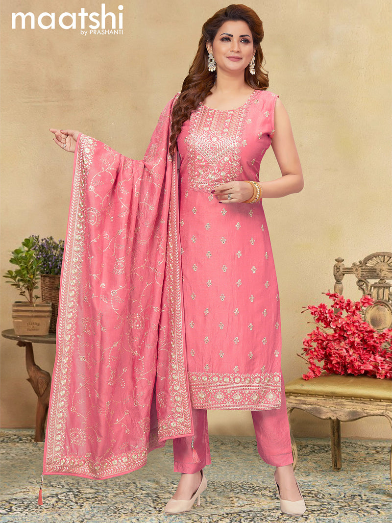 Raw silk readymade salwar suits peach pink with allover embroidery & sequin work neck pattern and straight cut pant & sequin work dupatta sleeve attached