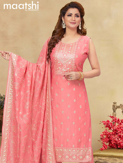 Raw silk readymade salwar suits peach pink with allover embroidery & sequin work neck pattern and straight cut pant & sequin work dupatta sleeve attached