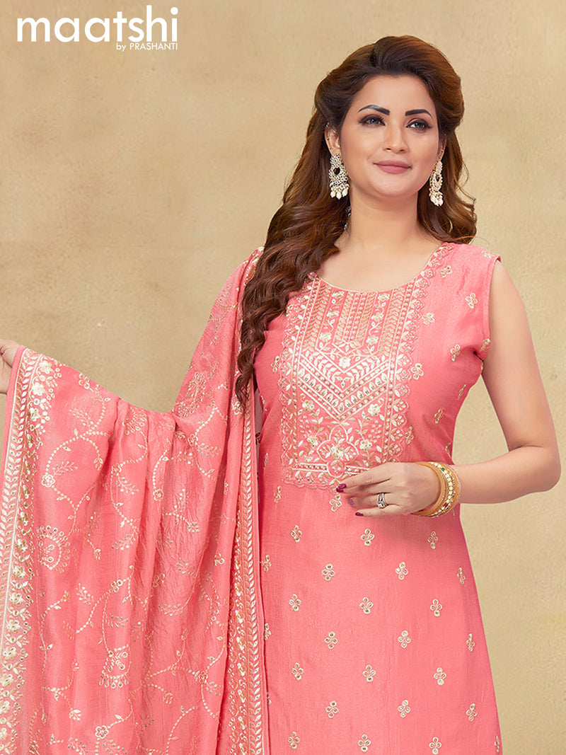 Raw silk readymade salwar suits peach pink with allover embroidery & sequin work neck pattern and straight cut pant & sequin work dupatta sleeve attached