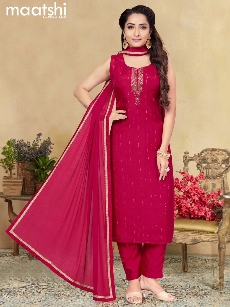 Raw silk readymade salwar suits pink with sequin beaded neck pattern and straight cut pant & chiffon dupatta - sleeves attached