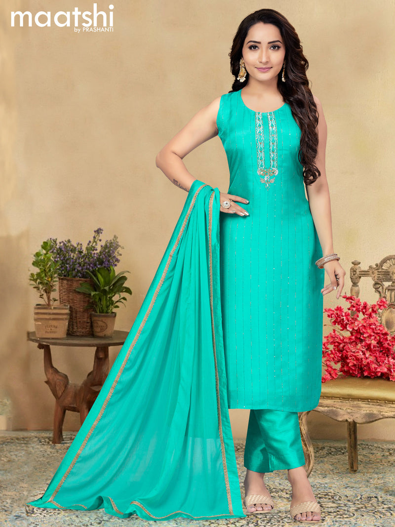 Raw silk readymade salwar suits teal blue with sequin beaded neck pattern and straight cut pant & chiffon dupatta - sleeves attached