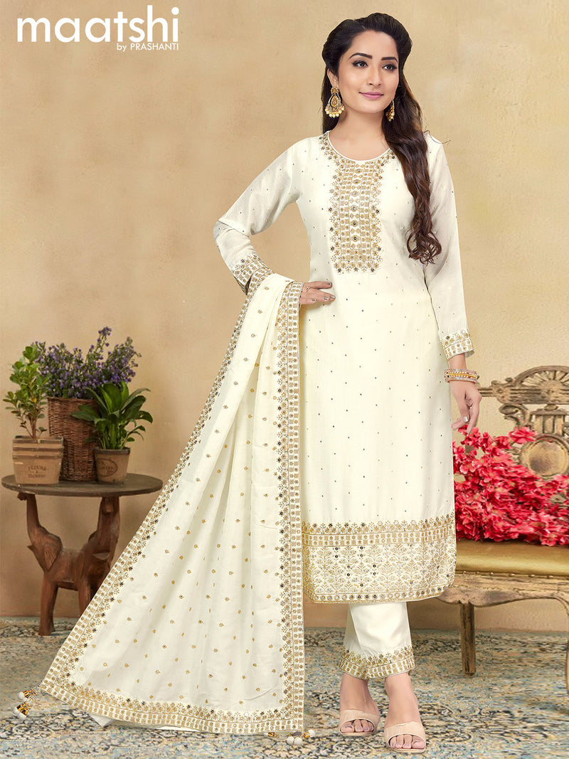Raw silk readymade salwar suits off white with allover embroidery & sequin work neck pattern and straight cut pant & sequin work dupatta sleeve attached