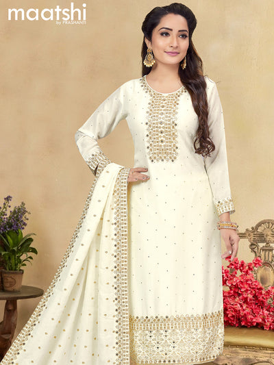 Raw silk readymade salwar suits off white with allover embroidery & sequin work neck pattern and straight cut pant & sequin work dupatta sleeve attached