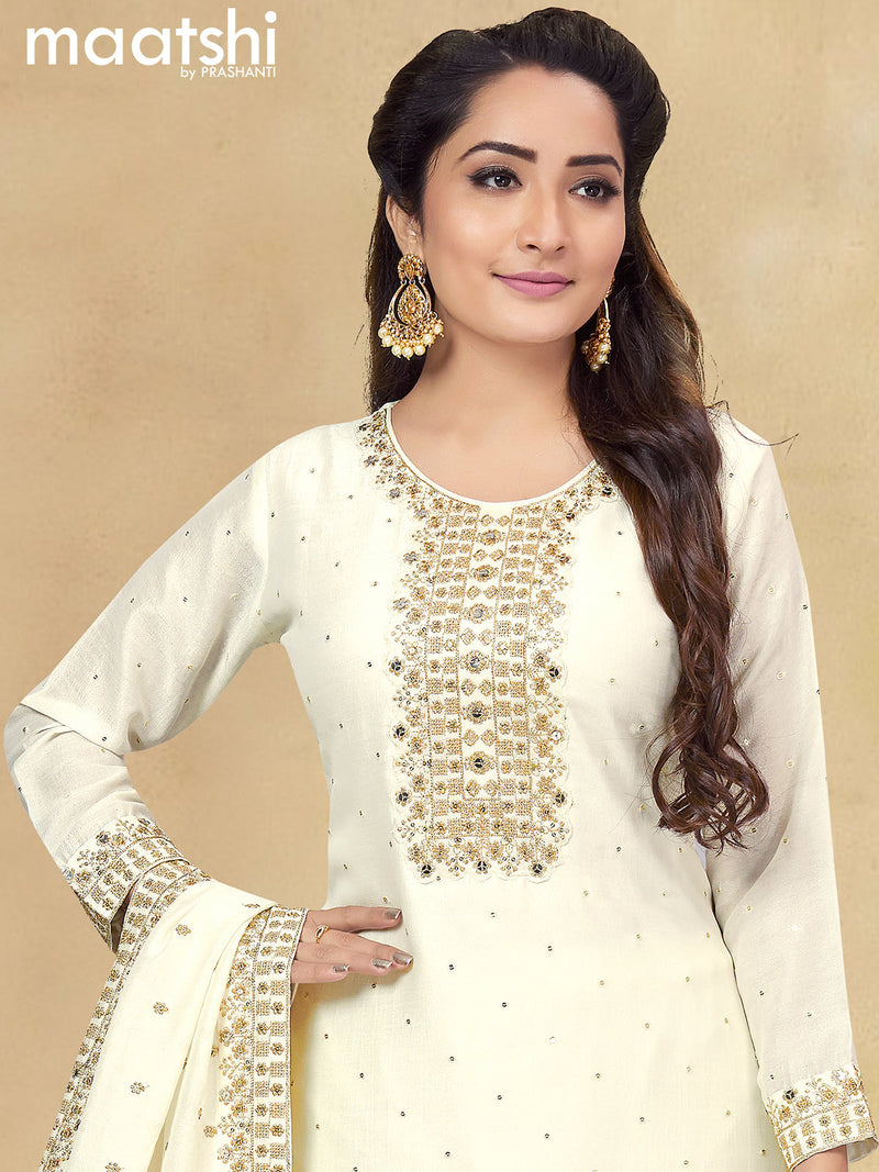Raw silk readymade salwar suits off white with allover embroidery & sequin work neck pattern and straight cut pant & sequin work dupatta sleeve attached