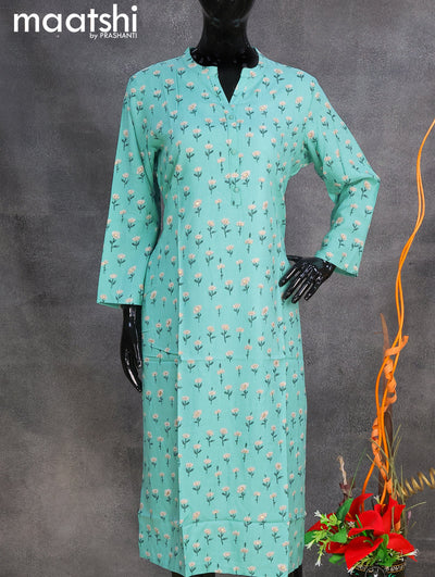 Rayon readymade kurti teal blue with allover floral prints & simple neck pattern without pant