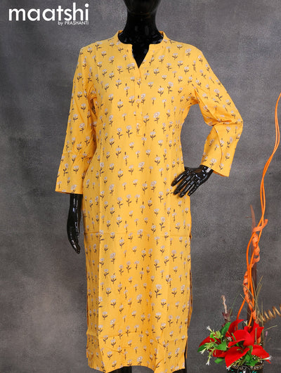 Rayon readymade kurti yellow with allover floral prints & simple neck pattern without pant