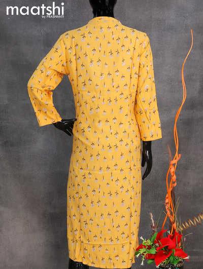 Rayon readymade kurti yellow with allover floral prints & simple neck pattern without pant