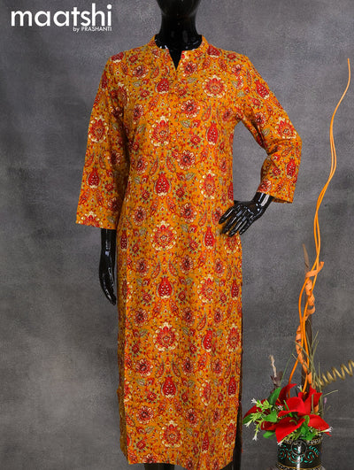 Rayon readymade kurti mustard yellow with allover prints & simple neck pattern without pant