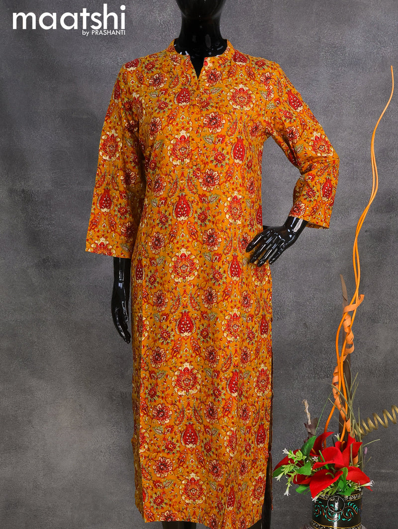 Rayon readymade kurti mustard yellow with allover prints & simple neck pattern without pant