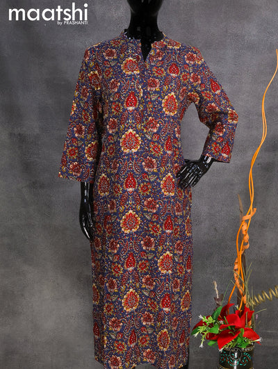 Rayon readymade kurti dark blue with allover prints & simple neck pattern without pant