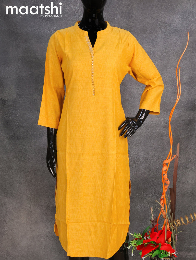 Rayon readymade kurti yellow with stone work neck pattern without pant
