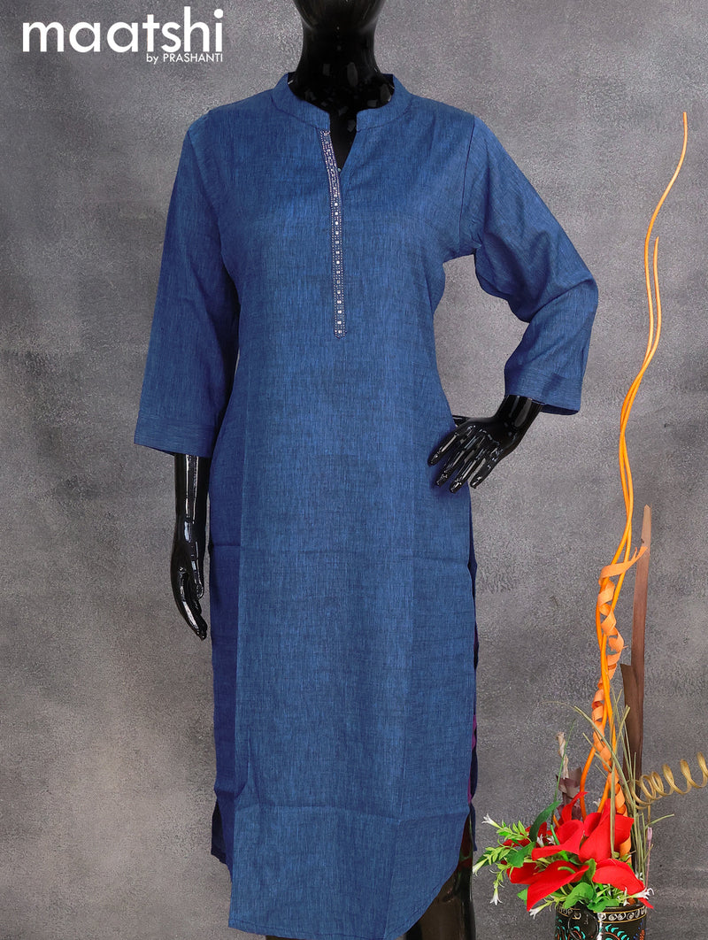 Rayon readymade kurti blue with stone work neck pattern without pant