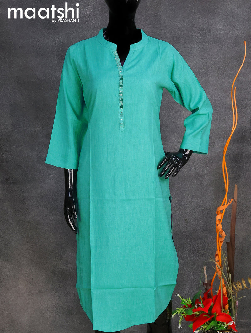 Rayon readymade kurti teal blue with stone work neck pattern without pant