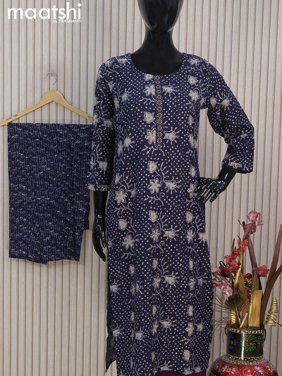 Rayon readymade kurti set dark blue with allover prints & embroidery work neck pattern and straight cut pant